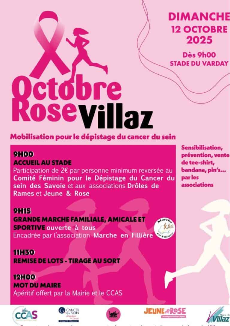Marche en Fillière pour la prévention du cancer du sein en octobre Rose à Villaz en 2025.